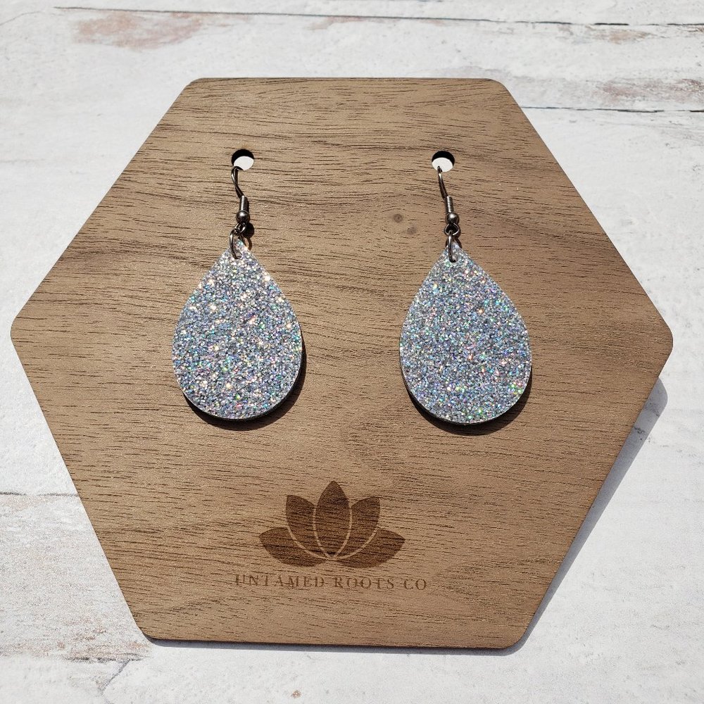 Silver Holographic Glitter Large Teardrop Earrings, Acrylic, Stainless, Handmade